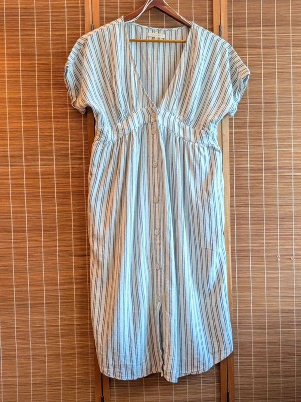 Coastal Linen Blend Striped V-Neck Empire Waist Dress with Pockets XL